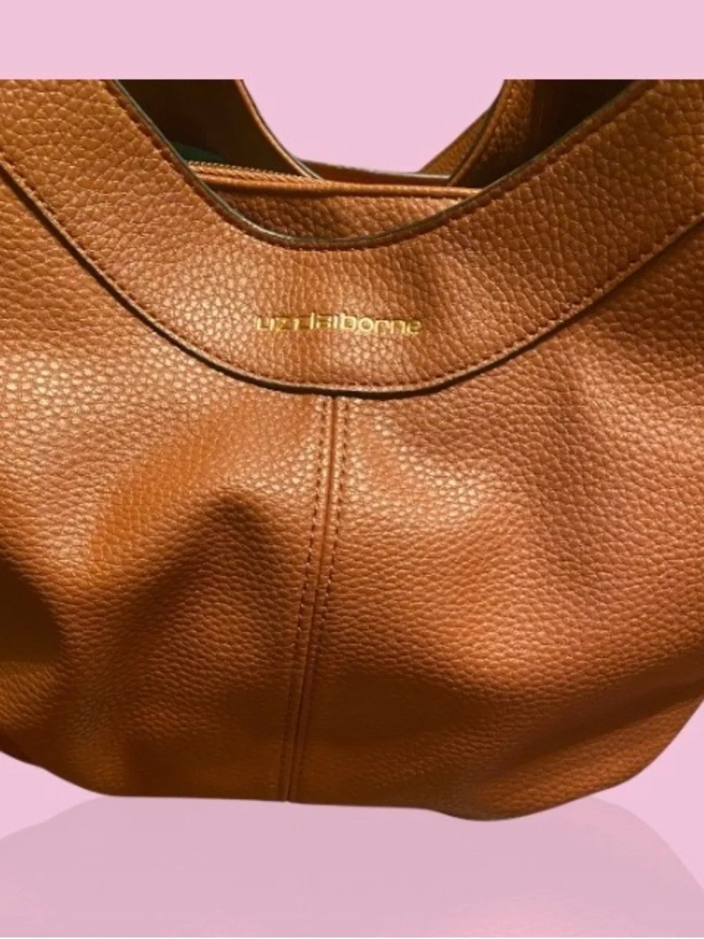 Liz Claiborne Cognac Pebbled Leather Shoulder Tote. measurements are 13 x 10. - Picture 6 of 9